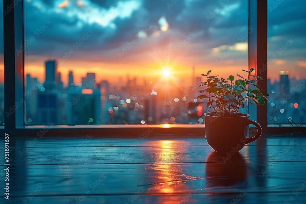 Naklejka premium Image shows a potted plant against the backdrop of a cityscape during sunset, reflecting off a wooden surface