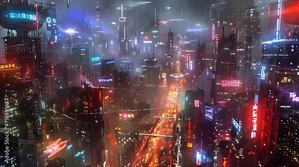 Futuristic Cityscape at Night with Glowing Neon Lights