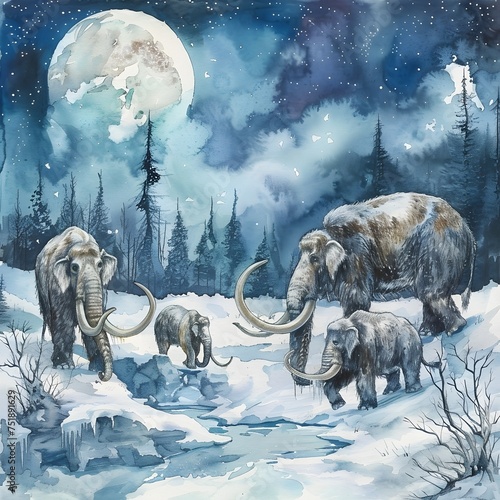 Atmospheric Illustration of Woolly Mammoths in the Winter Moonlight