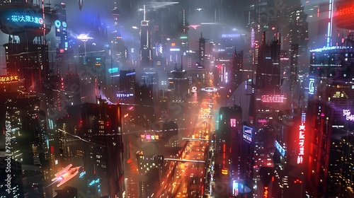 Futuristic Cityscape at Night with Glowing Neon Lights