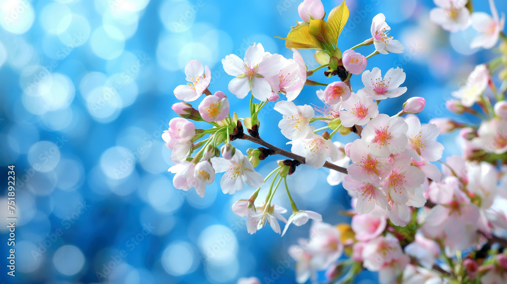 Cherry blossom on blue background with bokeh. Spring wallpaper