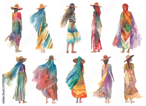 Women's abstract silhouettes in style of vector watercolor clipart