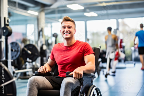 A young adult Caucasian white man bodybuilder, athlete with smile in a wheelchair navigates a gym tailored for adaptive training. Concept of inclusive fitness for people with disability. Horizontal