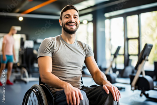 A smiling man in a wheelchair enjoys the atmosphere in a gym. Concept of adaptive fitness  positive environment for people with disabilities. Accessibility environment in inclusive fitness spaces