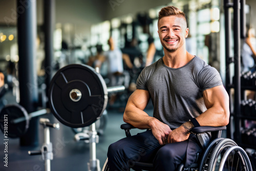 Man bodybuilder  athlete with smile sits in wheelchair in gym. Weightlifting equipment in the background. Concept of accessibility environment for people with disabilities in inclusive fitness spaces