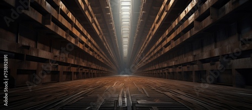 A very large room filled with wooden shelves showcasing hot rolled steel plates alongside dunnage used for separation. The cargo hold of a bulk carrier is organized and spacious, with numerous shelves