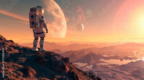 Astronaut in a suit visiting a remote exoplanet in the universe in high resolution and high quality. astronomy concept, planets, galaxies, space, stars, super novae, black holes, gravity photo