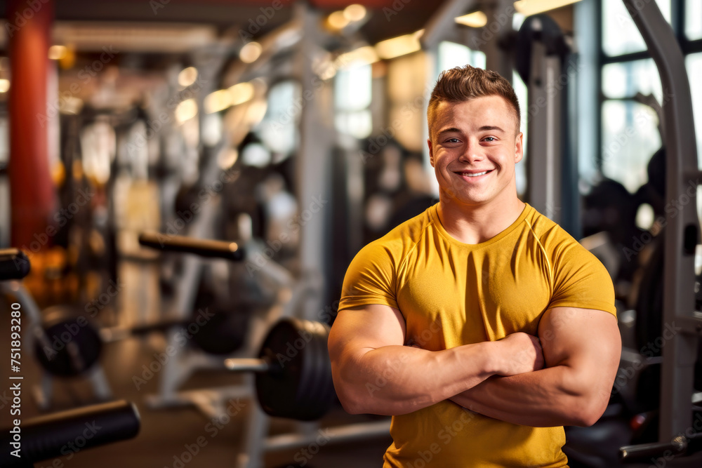 Smiling athlete bodybuilder man with Down syndrome, displaying muscular build stands in the gym. Concept of health, inclusivity fitness, adaptive workouts for people with disabilities. Copy space