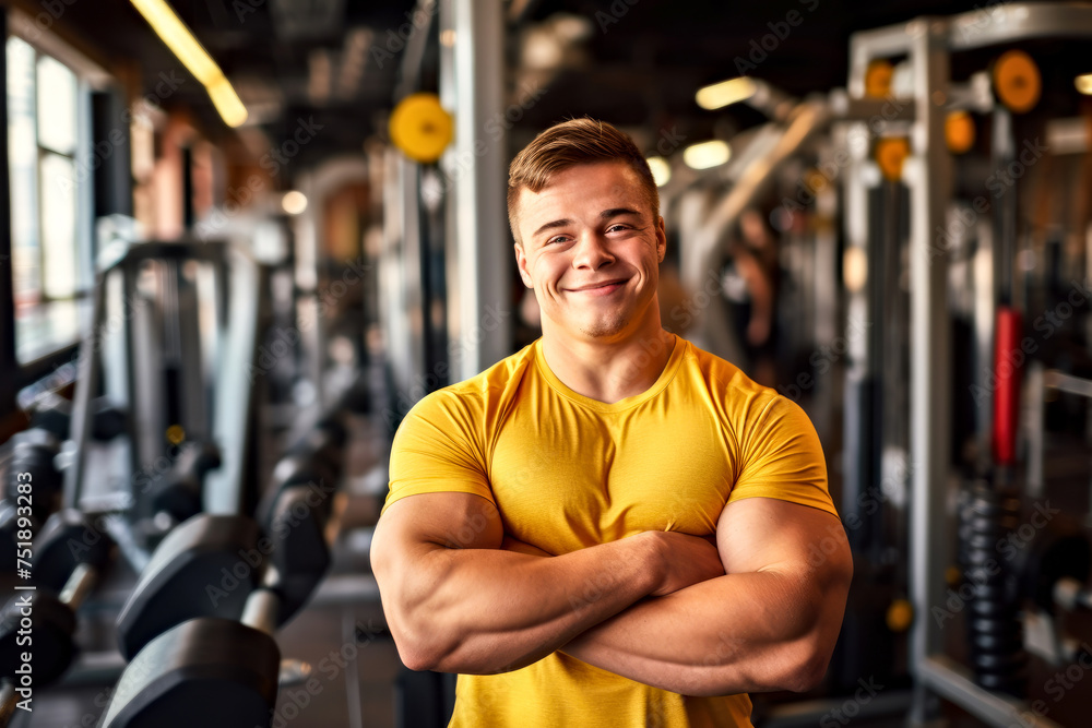 A man with Down syndrome, confidently showcasing his athletic physique in a gym, is a powerful representation of inclusivity and the universal spirit of fitness A man with Down syndrome, confidently showcasing his athletic physique in a gym, is a powerful representation of inclusivity and the universal spirit of fitness