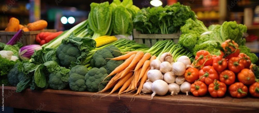 A variety of fresh carrots and cabbage are arranged on a table at a market stand, alongside other vegetables. The colorful display showcases the vibrant hues of the produce. A variety of fresh carrots and cabbage are arranged on a table at a market stand, alongside other vegetables. The colorful display showcases the vibrant hues of the produce.