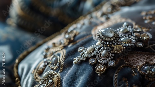 Luxurious embellishments adorn a royal garment, showcasing exquisite details in a lavish textile composition