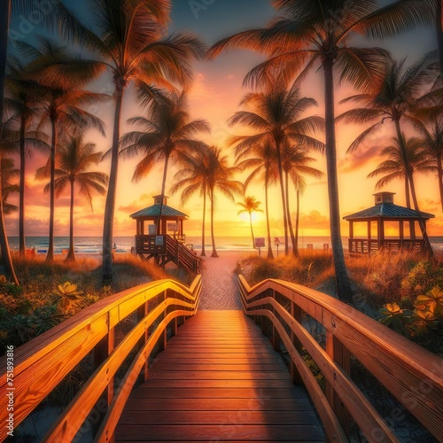 Footbridge to the Smathers beach on sunrise. © IKARTS
