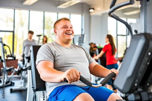 Young adult man with Down syndrome enjoying his workout on cardio machine in gym, motivation for healthy lifestyle. Concept diversity, inclusivity in fitness and sports for people with disabilities