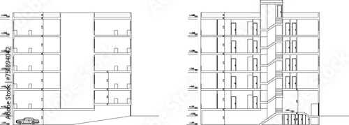 Vector sketch design illustration of a section of a multi-storey apartment building