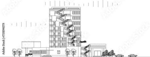 Vector sketch design illustration of the architectural facade of a multi-storey hotel building