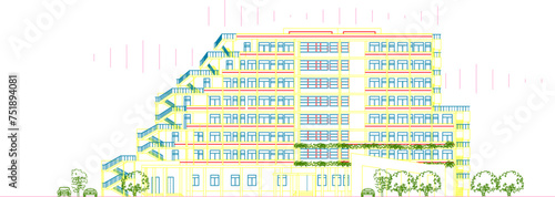 Vector sketch design illustration of the architectural facade of a multi-storey hotel building