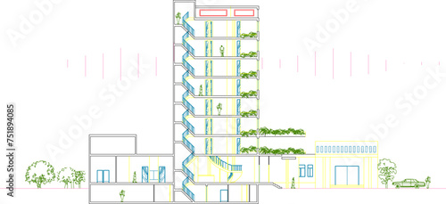 Vector sketch design illustration of the architectural facade of a multi-storey hotel building