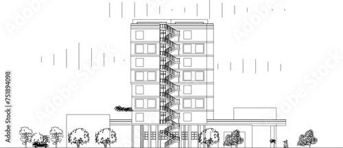 Vector sketch design illustration of the architectural facade of a multi-storey hotel building 