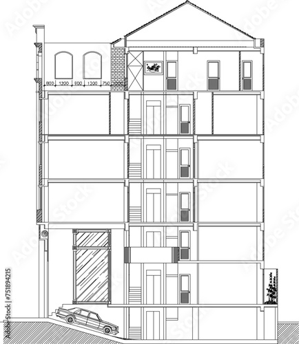 Vector sketch design illustration of vintage classic old multi-storey hotel apartment building architectural facade drawing