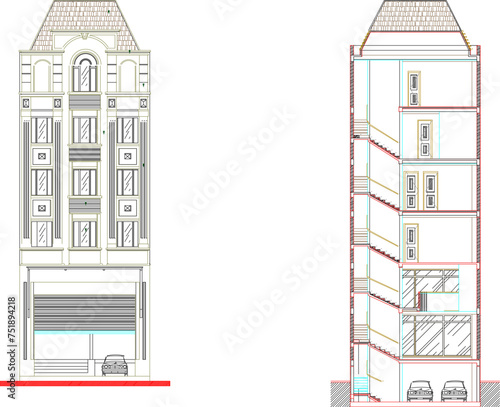 Vector sketch design illustration of vintage classic old multi-storey hotel apartment building architectural facade drawing