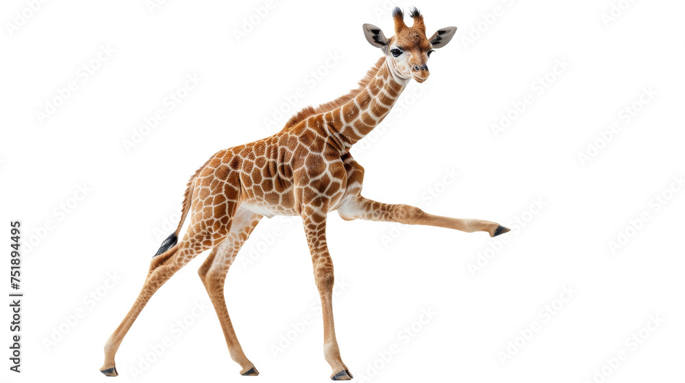 Full-length image of a young giraffe walking elegantly with its long legs isolated on white background