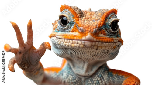 Vibrant detailed orange and blue gecko with a human-like hand extended for a high-five isolated on a white background