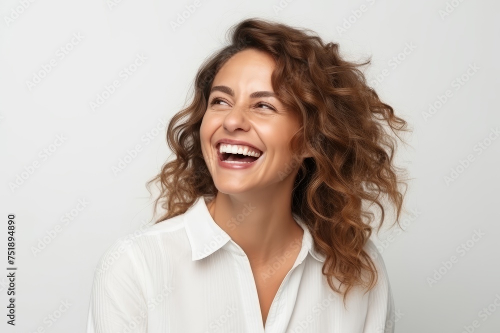 Portrait of beautiful young happy smiling woman with curly hair, over gray background Portrait of beautiful young happy smiling woman with curly hair, over gray background