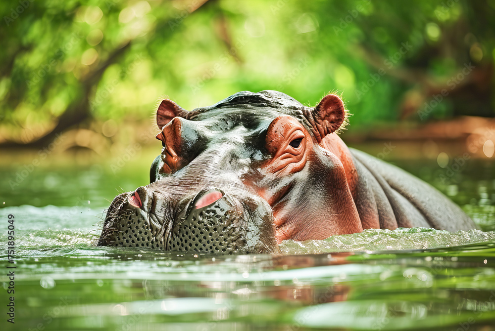 Fototapeta premium Hippopotamus amphibius in river, World Wildlife Day, March 