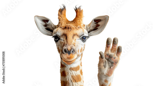 Playful image of a giraffe with a human hand raised showing a peace sign against a white background