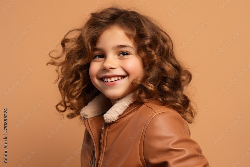 Cute little girl with curly hair in a brown jacket on a brown background Cute little girl with curly hair in a brown jacket on a brown background
