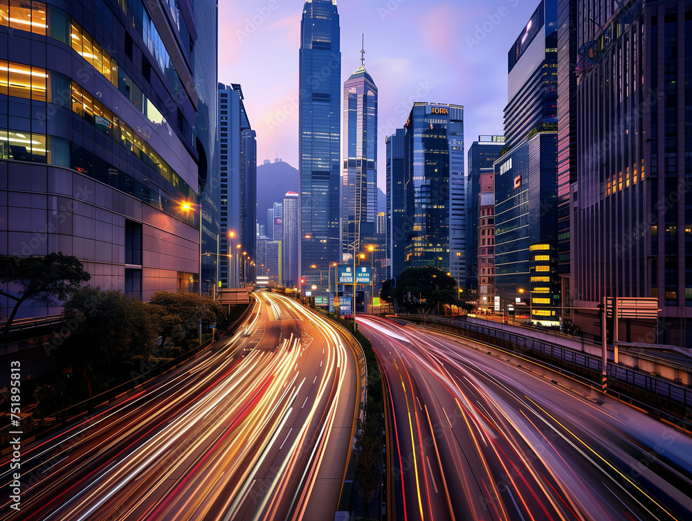 A long exposure shot of city streets at twilight, capturing the streaks of light from passing cars and the vibrant energy of the urban nightlife against the backdrop of towering skyscrapers