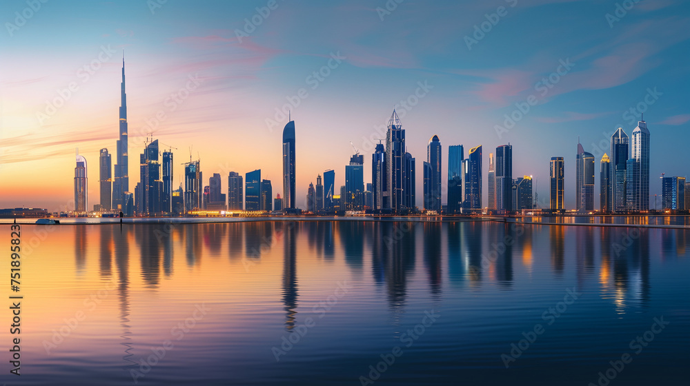 A panoramic shot of the city skyline at sunset, with warm hues casting a golden glow over the buildings and reflecting off the water, capturing the beauty of the urban landscape as the day transitions