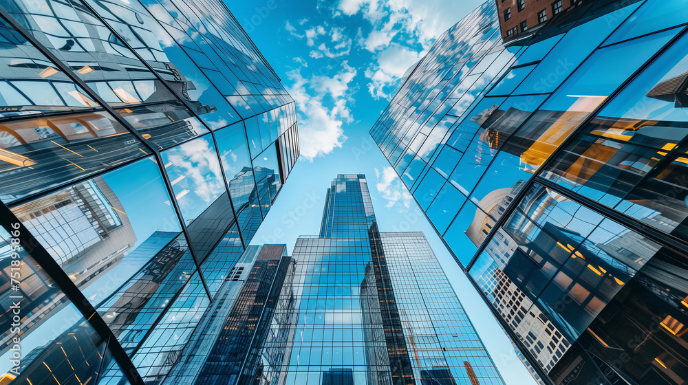 A photograph of city skyscrapers mirrored in the glass facade of another building, capturing the interplay between architecture and reflection in the urban environment