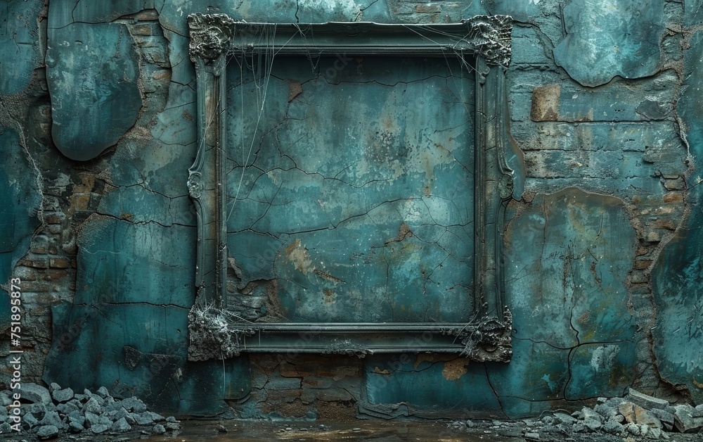 Empty Frame photo with cobwebs draping portrait on gothic stone wall background. Mockup Halloween theme. copy text space. Empty Frame photo with cobwebs draping portrait on gothic stone wall background. Mockup Halloween theme. copy text space.