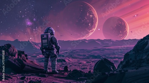 astronaut walking on a planet in another galaxy of the universe