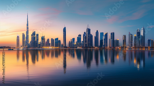 A panoramic shot of the city skyline at sunset, with warm hues casting a golden glow over the buildings and reflecting off the water, capturing the beauty of the urban landscape as the day transitions