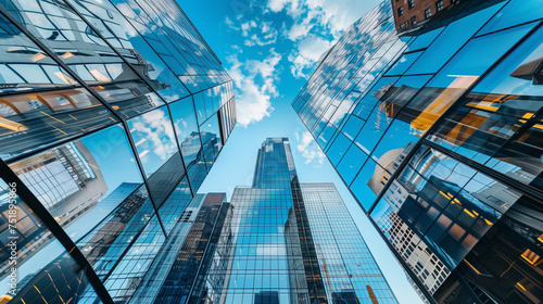 A photograph of city skyscrapers mirrored in the glass facade of another building  capturing the interplay between architecture and reflection in the urban environment