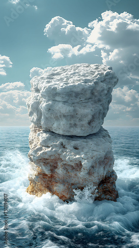 rock podium on sea shore crashing waves with beach themed background