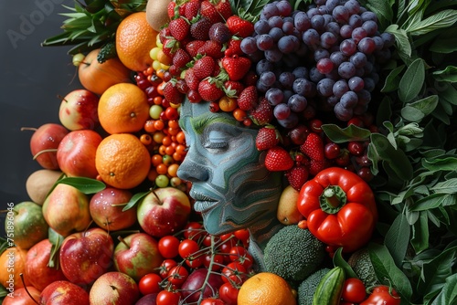 Behold, a human figure sculpted from an assortment of colorful fruits and vegetables, symbolizing the harmony between nutrition and artistic expression.