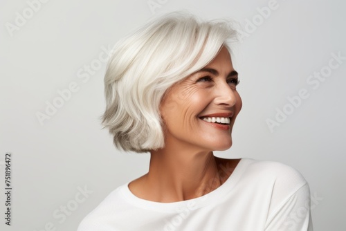 Portrait of a beautiful middle aged woman with short white hair.