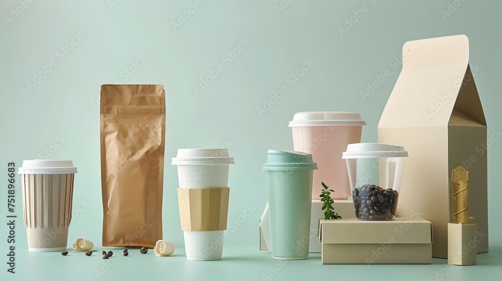 Emerald and Beige Coffee Cups and Packaging for Food Products Emerald and Beige Coffee Cups and Packaging for Food Products