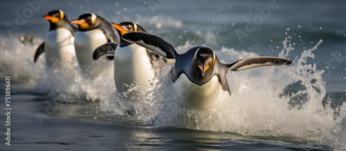 A group of penguins  including a pair of king penguins and a Gentoo penguin  are joyfully splashing in the water. The penguins are diving into the waves  creating playful splashes as they swim around.