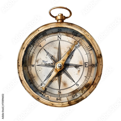Antique Brass Compass on Nautical Watercolor