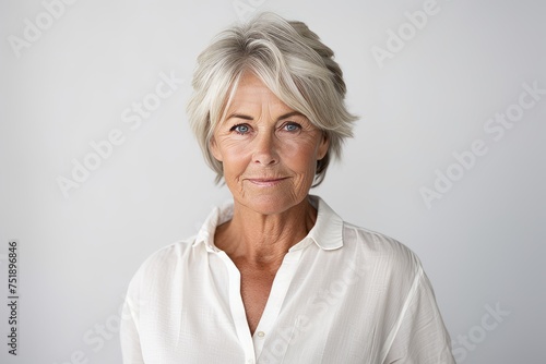 Portrait of beautiful senior woman in white blouse on grey background