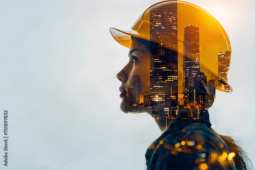 Collage silhouette of a woman in profile in a yellow helmet, in a silhouette image of buildings under construction, on a white background. Generative AI Collage silhouette of a woman in profile in a yellow helmet, in a silhouette image of buildings under construction, on a white background. Generative AI