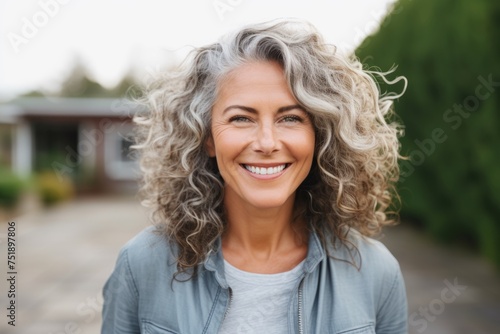 Portrait of a beautiful middle aged woman with curly hair smiling outdoors