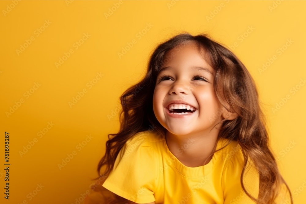 Portrait of a cute little girl with long hair over yellow background Portrait of a cute little girl with long hair over yellow background