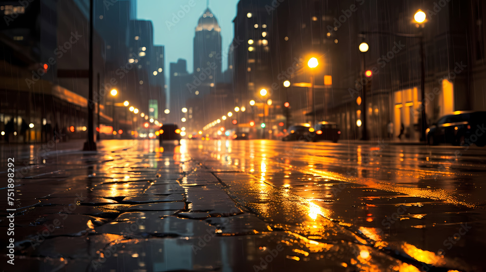 Bright bokeh city lights reflected on wet road surface Bright bokeh city lights reflected on wet road surface