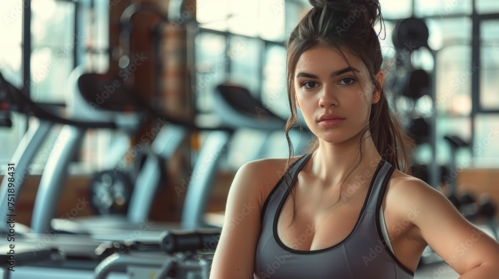beautiful young woman in a gym doing exercise looking at the camera beautiful young woman in a gym doing exercise looking at the camera