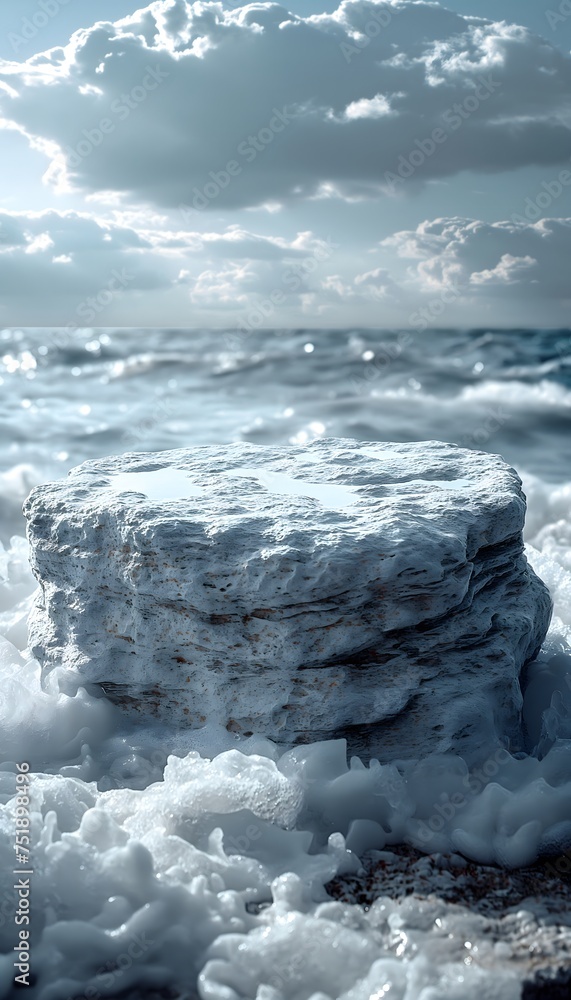 rock podium on sea shore crashing waves with beach themed background